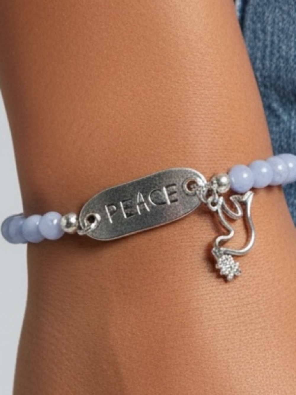 HAND CRAFTED BLUE AGATE PEACE BRACELET Dove Charm Beaded Stretch Jewelry